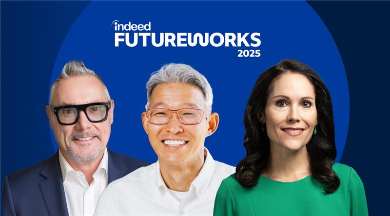 Three professional headshots (two men, one woman) arranged side by side, with the Indeed FutureWorks event logo.