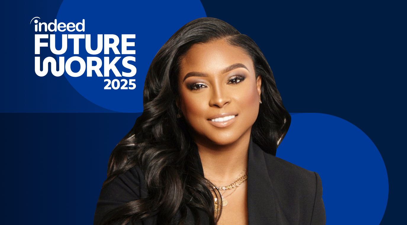 Headshot of Minda Harts, positioned to the right of the Indeed FutureWorks event logo.