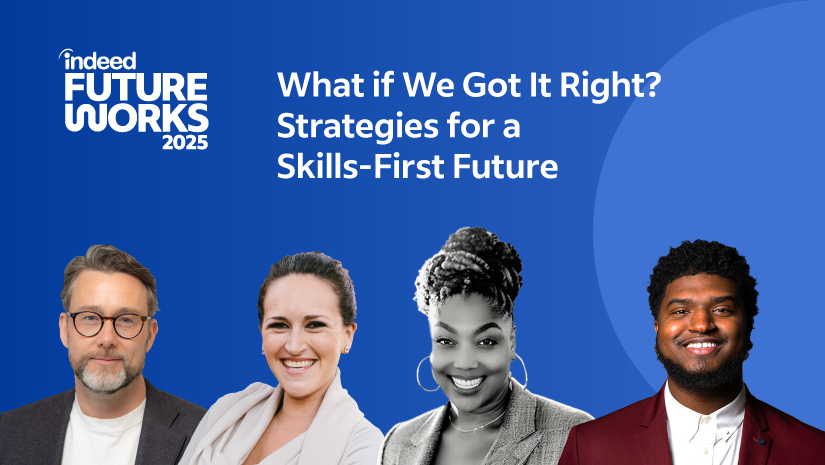 Four professional headshots (two men, two woman) arranged side by side, with the Indeed FutureWorks event logo.