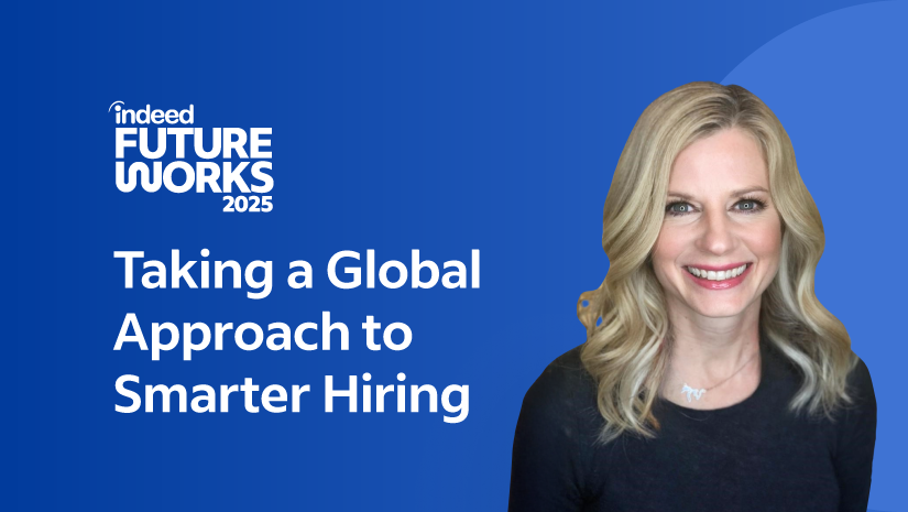 Headshot of Michelle Slater, positioned to the right of the session title “Taking a Global Approach to Smarter Hiring," with the Indeed FutureWorks event logo.