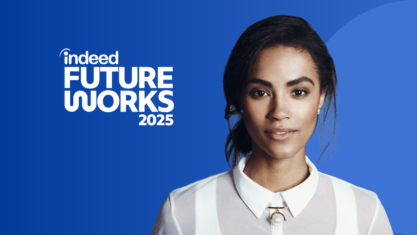 Headshot of Sinead Bovell, positioned to the right of the session title “The AI Generation: Shaping the Future of Work," with the Indeed FutureWorks event logo.